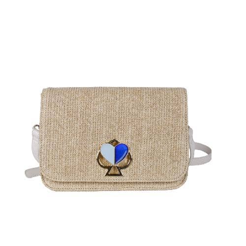 Beige Paper Woven Crossbody With A Decorative Metal Hardware In Peach And Heart Shape In The Flap And 1 White Pu Long Strap (1)