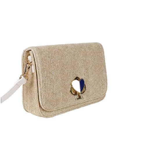 Beige Paper Woven Crossbody With A Decorative Metal Hardware In Peach And Heart Shape In The Flap And 1 White Pu Long Strap (2)