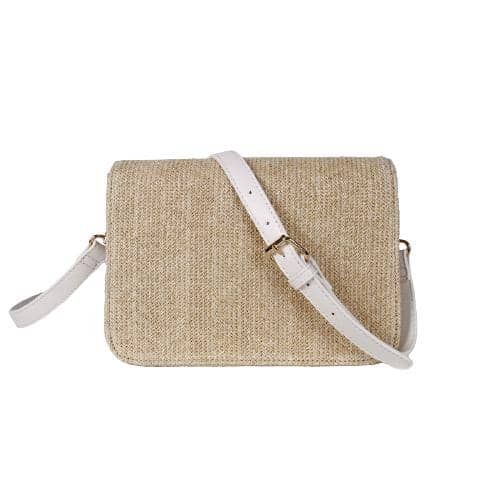 Beige Paper Woven Crossbody With A Decorative Metal Hardware In Peach And Heart Shape In The Flap And 1 White Pu Long Strap (3)