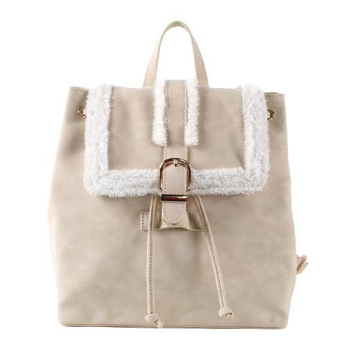 Khaki Pu Backpack With White Furry Decorated Flap & Magnet Button & Drawstring Opening (1)
