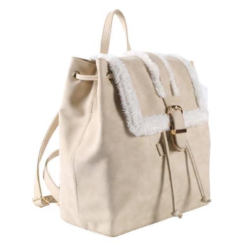 Khaki Pu Backpack With White Furry Decorated Flap & Magnet Button & Drawstring Opening (2)