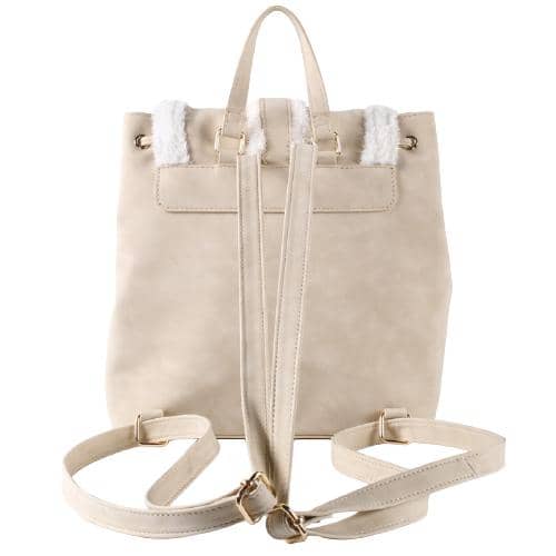 Khaki Pu Backpack With White Furry Decorated Flap & Magnet Button & Drawstring Opening (3)