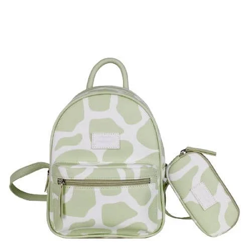 Light Green Digital Print Pu Backpack With 2 Zipper Pockets & Detachable Mini Bag (1)