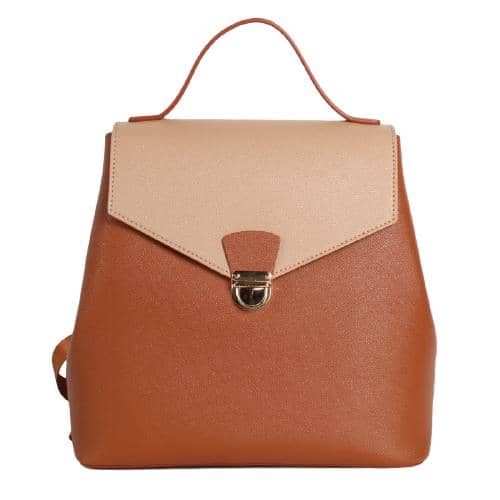 Orange And Beige Contrast Color Pu Backpack With V Flap Slip Lock & Webbing Straps(1)