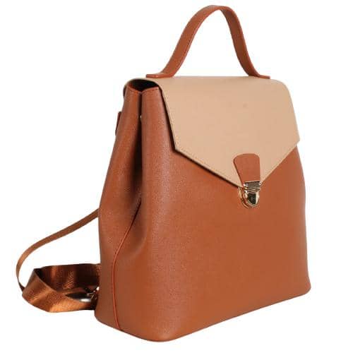Orange And Beige Contrast Color Pu Backpack With V Flap Slip Lock & Webbing Straps(2)