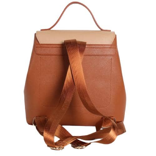 Orange And Beige Contrast Color Pu Backpack With V Flap Slip Lock & Webbing Straps(3)