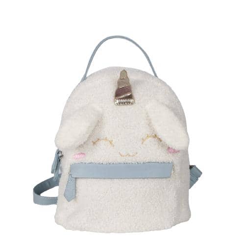 White Lamb Wool Kid's Backpack With Light Blue Pu Straps & Smile Face Quilting & Gold Icecream Decoration (1)