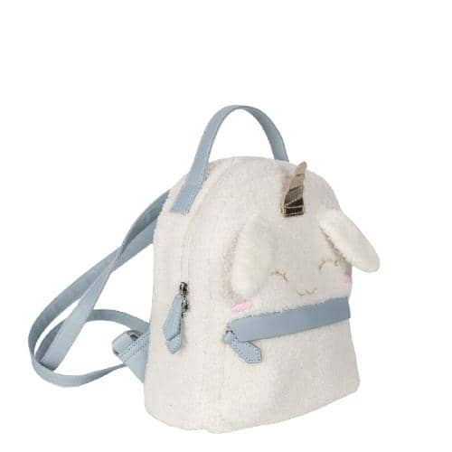 White Lamb Wool Kid's Backpack With Light Blue Pu Straps & Smile Face Quilting & Gold Icecream Decoration (2)