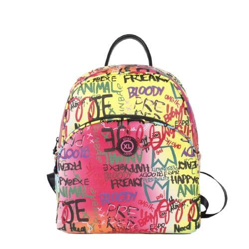 Colorful Digital Print Pu Graffiti Backpack With 2 Black Plastic Zipper Pockets & Black Webbing Straps & Rubber Icon Patch On Front Pocket (1)