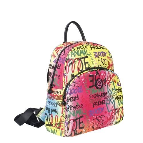Colorful Digital Print Pu Graffiti Backpack With 2 Black Plastic Zipper Pockets & Black Webbing Straps & Rubber Icon Patch On Front Pocket (2)
