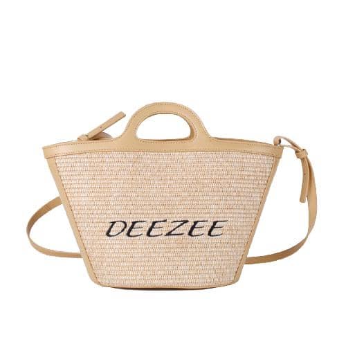 Beige Pu And Woven Hand Bag In Basket Shape With Quilting Letter Logo On Front Panel And A Oval Short Handle And A Long Detachable Strap (1)