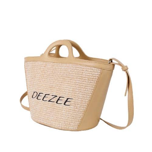 Beige Pu And Woven Hand Bag In Basket Shape With Quilting Letter Logo On Front Panel And A Oval Short Handle And A Long Detachable Strap (2)