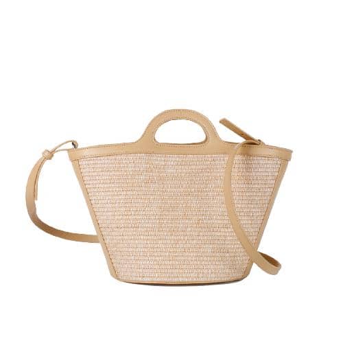 Beige Pu And Woven Hand Bag In Basket Shape With Quilting Letter Logo On Front Panel And A Oval Short Handle And A Long Detachable Strap (3)