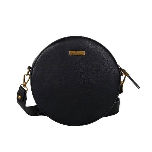 Black Pu Crossbody In Round Shape Decorated With Dome Studs & Zipper Opening & Detachable Wide Strap (3)