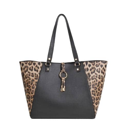 Black Pu & Leopard Pattern Tote With O Ring & Metal Ending Charm, 2 Painted Handles With Flat Studs (1)