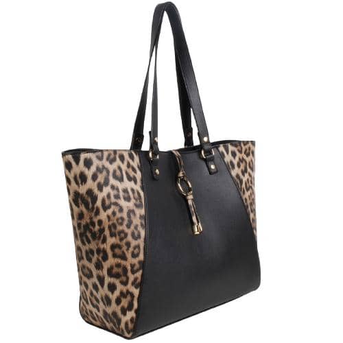 Black Pu & Leopard Pattern Tote With O Ring & Metal Ending Charm, 2 Painted Handles With Flat Studs (2)