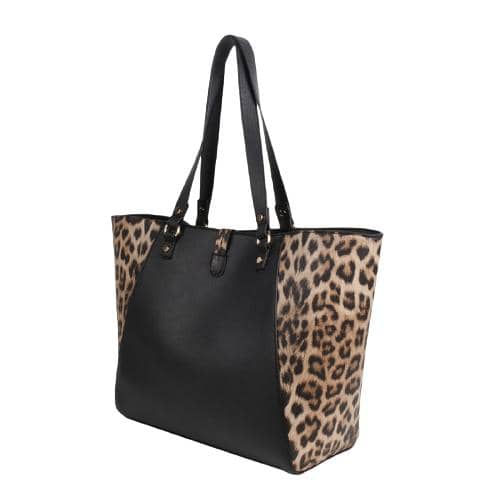 Black Pu & Leopard Pattern Tote With O Ring & Metal Ending Charm, 2 Painted Handles With Flat Studs (3)