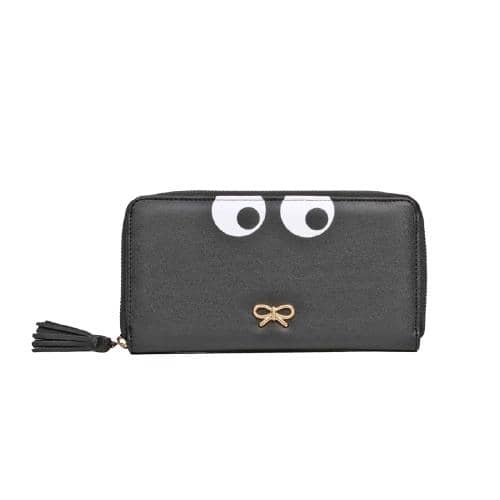 Black Pu Wallet With Butterfly Metal Plate, Big Eye Print & Tassel Puller (1)