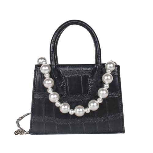 Black Croc Pu Mini Hand Bag Decorated With A Pearl Chain In Front Panel And A Long Detachable Sliver Chain (1)