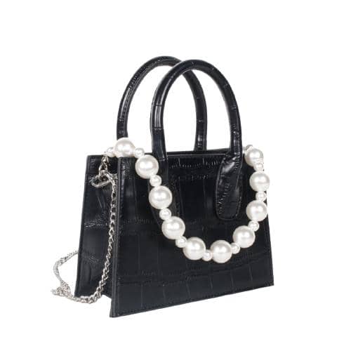 Black Croc Pu Mini Hand Bag Decorated With A Pearl Chain In Front Panel And A Long Detachable Sliver Chain (2)