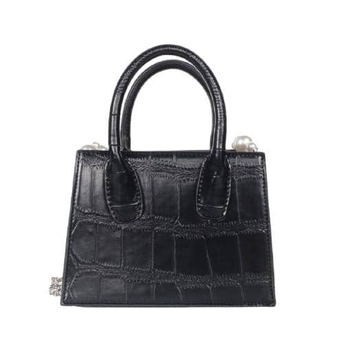 Black Croc Pu Mini Hand Bag Decorated With A Pearl Chain In Front Panel And A Long Detachable Sliver Chain (3)