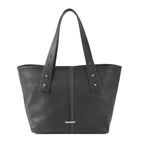 Black Grain Pu Tote With Punched Wide Handle & Beige Bold Stitching In Front Panel (1)