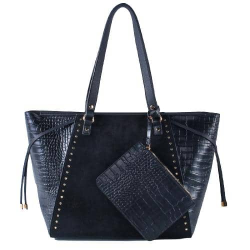 Black Plain Pu Tote With Toned Suede In Front Panel With 2 Lines Of Flat Studs & Crocodile Pattern On Sides Decorated With 2 Pu Strips With Mental Ending Hung On Sides & Extra Coin Purse With Zipper (1)