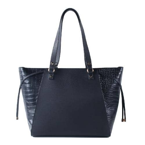 Black Plain Pu Tote With Toned Suede In Front Panel With 2 Lines Of Flat Studs & Crocodile Pattern On Sides Decorated With 2 Pu Strips With Mental Ending Hung On Sides & Extra Coin Purse With Zipper (2)