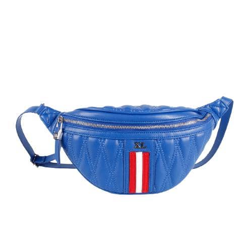 Blue Pu Waist Bag With Diamond Quilting In Front And Back Panel And 3 Pieces Of Pu Trims In Contrast Color White And Red Stitching In The Centre Of The Front Panel (1)