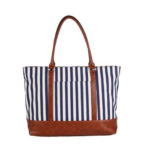 Blue & White Stripes Canvas Tote With Contrast Pu Bottom & Handle Multi Functional Bag With Usb Charging Port & Slip & Zipper Pockets (1)