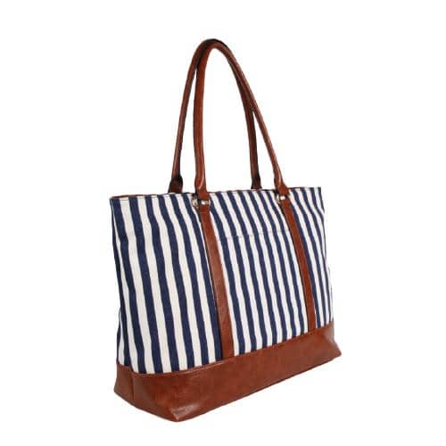 Blue & White Stripes Canvas Tote With Contrast Pu Bottom & Handle Multi Functional Bag With Usb Charging Port & Slip & Zipper Pockets (2)
