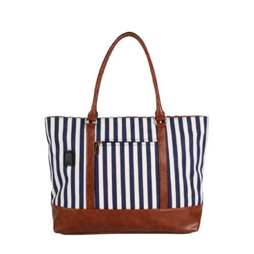 Blue & White Stripes Canvas Tote With Contrast Pu Bottom & Handle Multi Functional Bag With Usb Charging Port & Slip & Zipper Pockets (3)