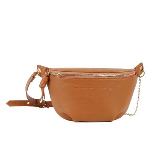Brown Pu Waist Bag With A Decorative Stitching In Front Panel And 1 Zipper Pocket With Pu Trim Puller And 1 Pu Strap With A Small Peice Of Chain Decoration(1)