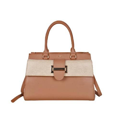 Camel Pu Hand Bag With A Short Handle Jointed By 4 D Rings And A Contrast Color And Decorative Flap In The Front Panel With A Hardware Weared By A Pu Drop(1)