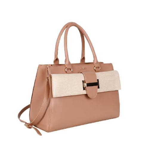 Camel Pu Hand Bag With A Short Handle Jointed By 4 D Rings And A Contrast Color And Decorative Flap In The Front Panel With A Hardware Weared By A Pu Drop(2)