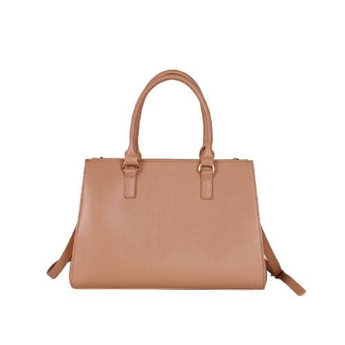 Camel Pu Hand Bag With A Short Handle Jointed By 4 D Rings And A Contrast Color And Decorative Flap In The Front Panel With A Hardware Weared By A Pu Drop(3)