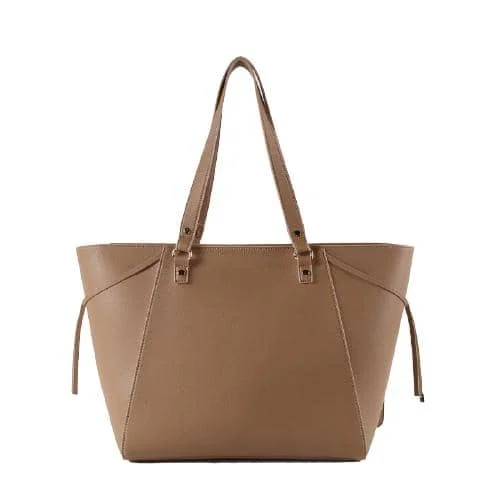 Camel Grain Pu Double Handle Tote With Flat Stud & Extra Coin Purse, 2 Pu Strips In Metal Ending (3)