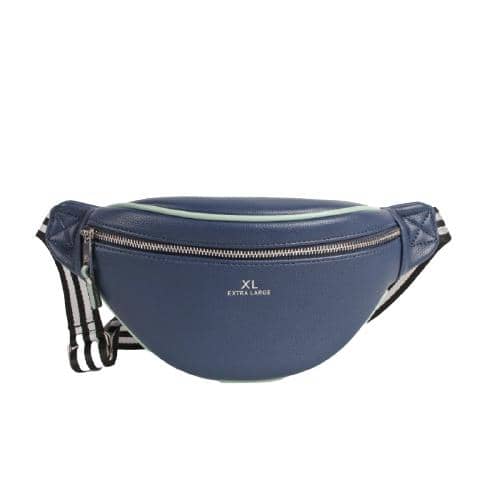 Dark Blue Pu Waist Bag With Contrast Piping In Green Color And 1 Zipper Pocket And 1 Adjustable Webbing Strap In Black And White Color (1)