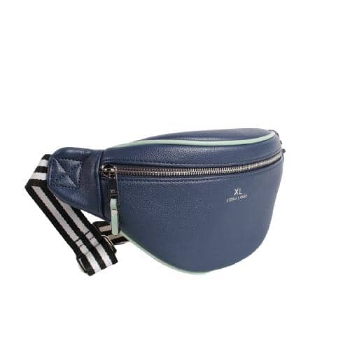 Dark Blue Pu Waist Bag With Contrast Piping In Green Color And 1 Zipper Pocket And 1 Adjustable Webbing Strap In Black And White Color (2)