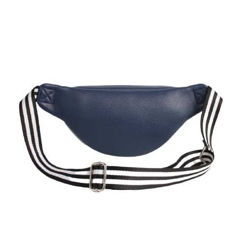 Dark Blue Pu Waist Bag With Contrast Piping In Green Color And 1 Zipper Pocket And 1 Adjustable Webbing Strap In Black And White Color (3)