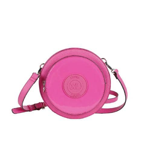 Fuchsia Pu Crossbody In Round Shape With Tpu Front Zipper Pocket & Customized Rubber Icon Patch (1)