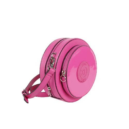 Fuchsia Pu Crossbody In Round Shape With Tpu Front Zipper Pocket & Customized Rubber Icon Patch (2)