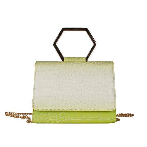 Gradient Color Croc Pu Hand Bag With A Metal Short Handle In Hexagonal Shape And A Chain Strap (1)