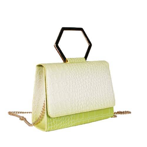 Gradient Color Croc Pu Hand Bag With A Metal Short Handle In Hexagonal Shape And A Chain Strap (2)