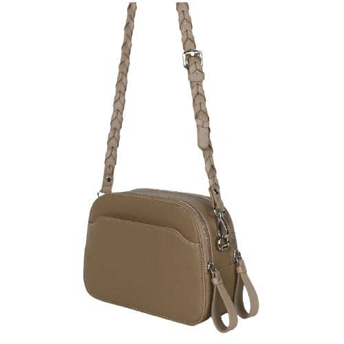 Greyish Green Pu Crossbody With 2 Main Zipper Pockets And Slip Pocket In The Back Panel And Pu Woven Long Stap With Pin Buckle (3)