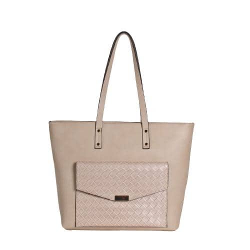 Khaki Pu Tote With Textured Flap Pocket & Magnet Button & Studed Handle (1)