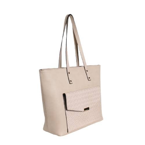 Khaki Pu Tote With Textured Flap Pocket & Magnet Button & Studed Handle (2)