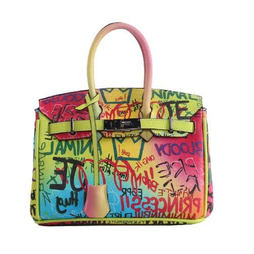 Multi Color Digital Print Pu Graffiti Hand Bag Weared Strip With A Metal Hasp Decoration And A Decorative Pu Trim Hung On The Short Handle (1)