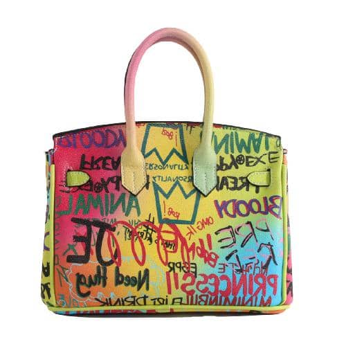 Multi Color Digital Print Pu Graffiti Hand Bag Weared Strip With A Metal Hasp Decoration And A Decorative Pu Trim Hung On The Short Handle (3)