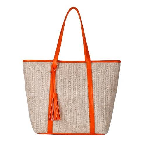 Natural Straw Tote With Contrast Color Trims & Tassels, 2 Pu Handles (1)